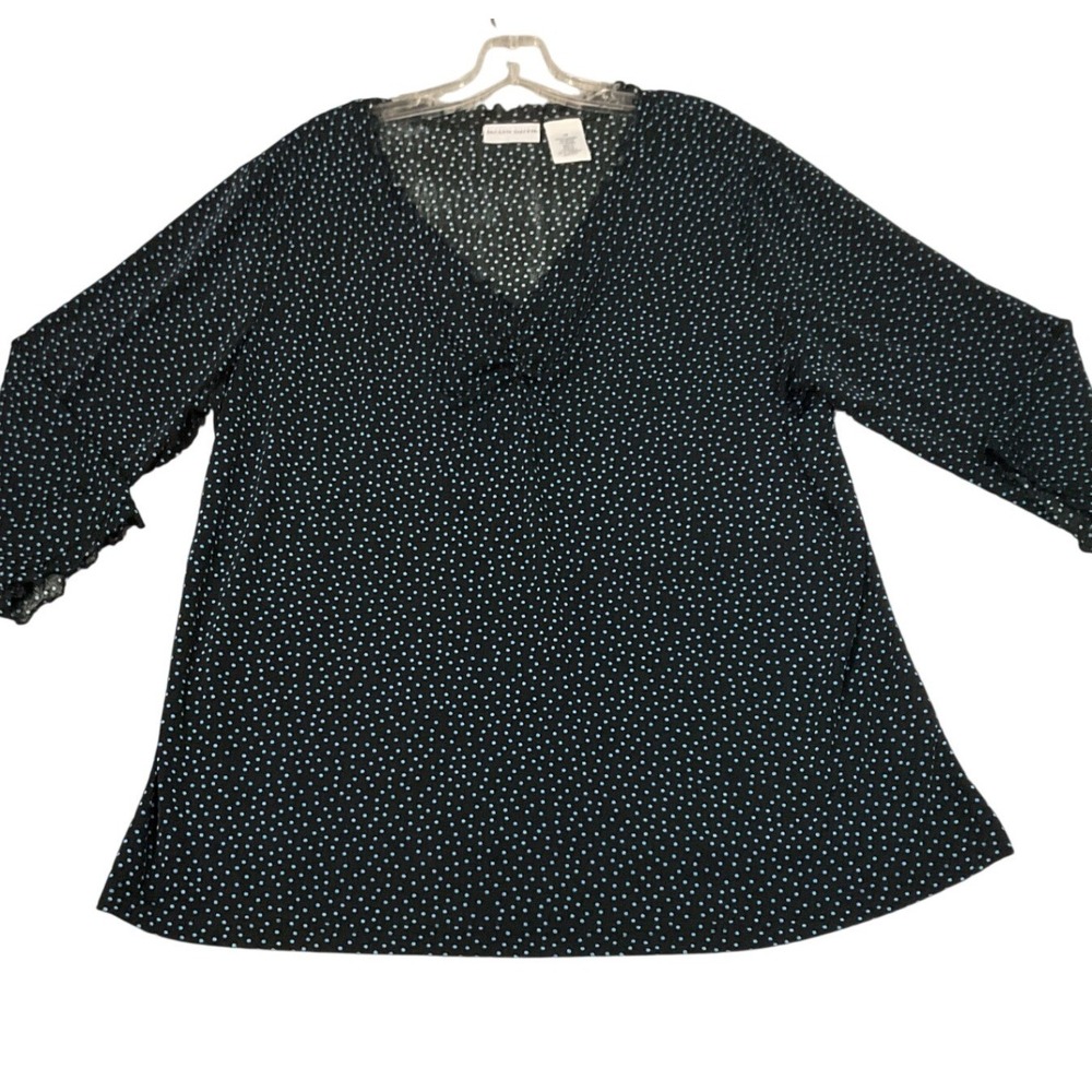 Jaclyn Smith Blouse Womens 1X Black Blue Polka Dot Excellent V-Neck Bell Sleeve